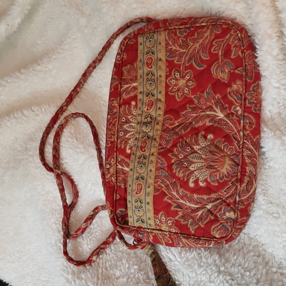 VERA BRADLEY vintage bohemian chic crossbody purse, red & beige, braided strap.